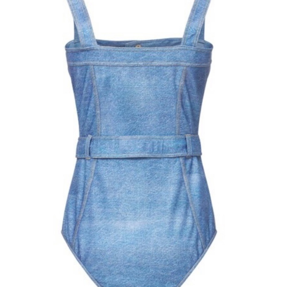Balmain Blue Denim-Print Bandeau One-Piece Swimsuit - Picture 3 of 16